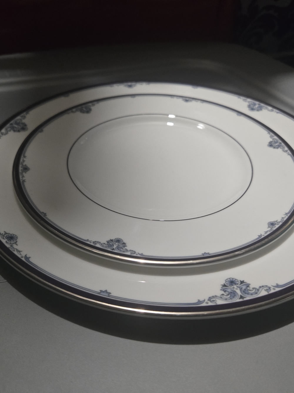 Royal Doulton Sheridan Plate Set- White With Ornate Blue Design And Silver Trim